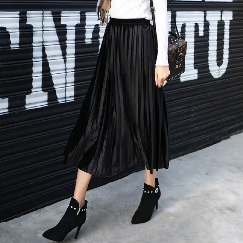 

Pleated Long Skirt Women Fall Winter 2020 Korean Velvet High Waist Casual Loose Office Lady Clothes Bottoms Plus Size Midi Skirt