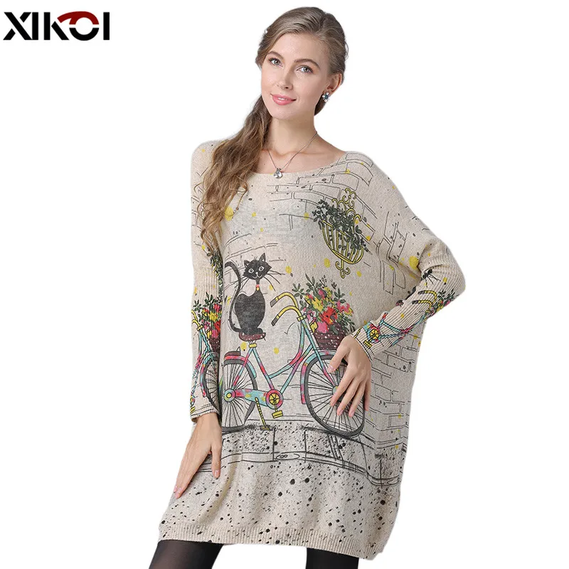 XIKOI Woman Oversize Sweater Winter Long Cat Bicycle Print Casual Coat Batwing Sleeve Pullovers Clothing | Женская одежда