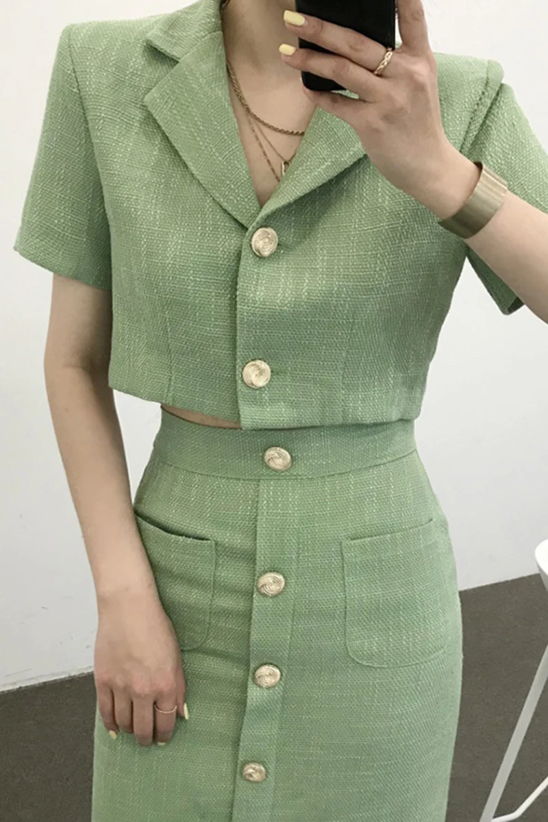 

Korean Fashion Elegant Turn Down Collar jacket Coat Two Piece Set Pocket Single-Breasted Bodycon Skirt Suit Women