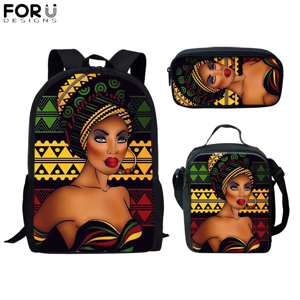 

Африканский Племенной Черный рюкзак FORUDESIGNS для девочек с узором для студенток, большие холщовые школьные сумки 3 шт./компл., сумка для книг и ...