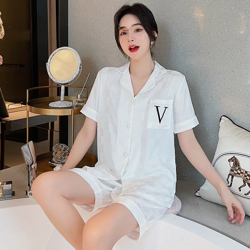 

Summer New 2PCS Sleepwear Pajamas For Women Casual Loungewear Satin Silk Nightwear Shirt&Shorts Loose Plaid Home Clothes