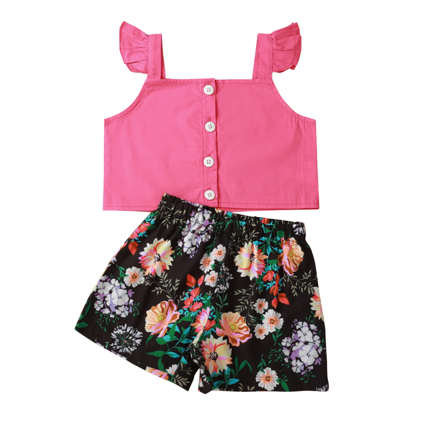 

Summer Girl's Two-Piece Clothes Set Flying Sleeve Tops and Flower Print Shorts for Birthday Party Vacation