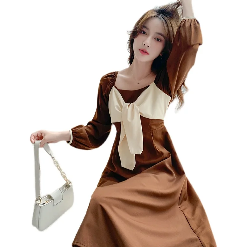 

COIGARSAM French Style Women dress High Waist Dresses Black Ga Color 2113