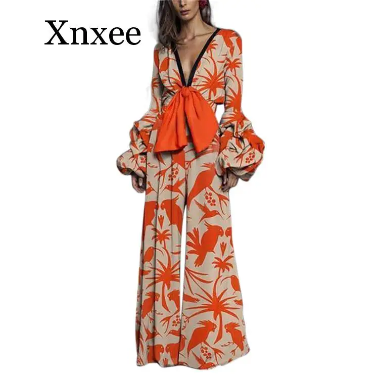 

vintage Boho Knot Front Tie Dye Palazzo Jumpsuit Spring Deep V Neck Print High Waist Long Sleeve Maxi Wide Leg Jumpsuits orange