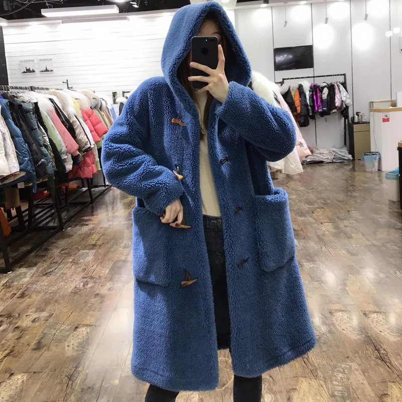 

women coat winter 2019 new fashion wool blends hooded outerwear coats long style Pure color horn button wool fur jacket warm