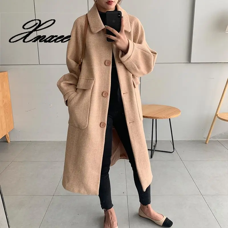 

Пальто женское Шерстяное Xnxee, однобортное, осенне-зимнее, свободное