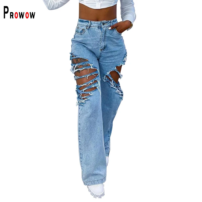 

Prowow Fashion Ripped Broken Hole Women Jeans High Waisted Slim Denim Pant for Party Nightclub 2021 New Summer Female Trousers