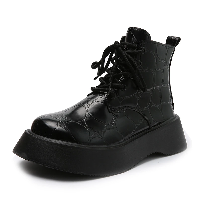 

Women Motorcycle Platform Boots 2021 Autumn Thick Sole Round Toe PU Leather Ankle Boots Woman Lace Up Black Fashion Botas Mujer