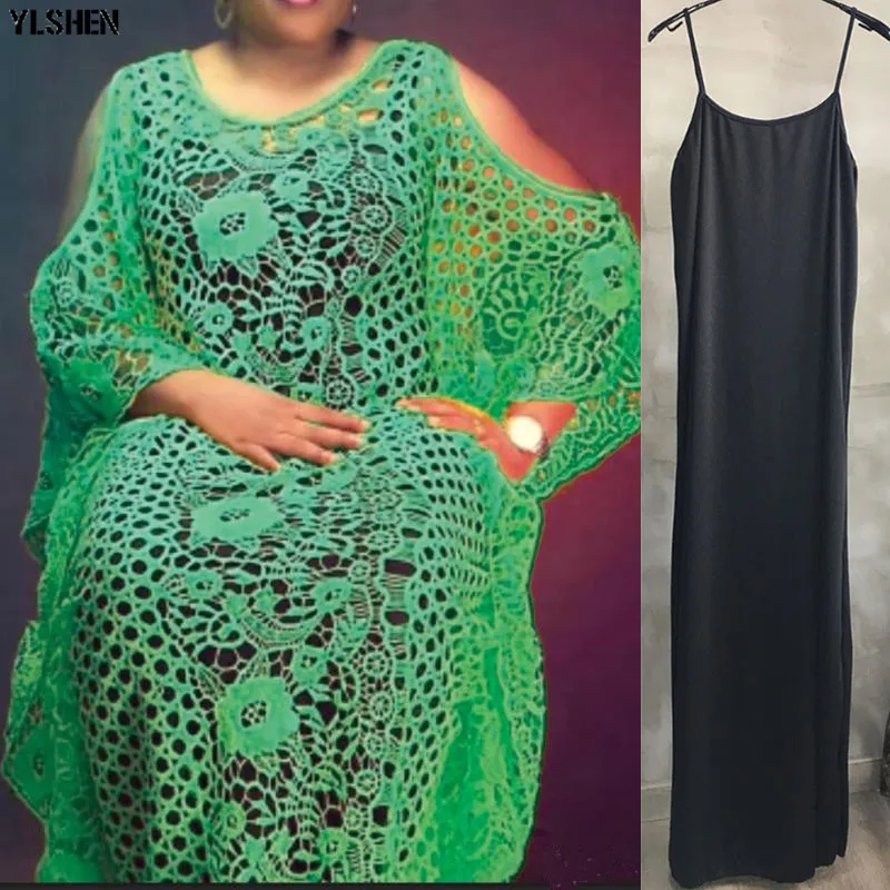 Green 2 piece set Большие размеры, длинные африканские платья для женщин, Дашики, модные водорастворимые кружевные свободные юбки с вышивкой бисером, бубоу, африкаин - Цвет: Green 2 piece set