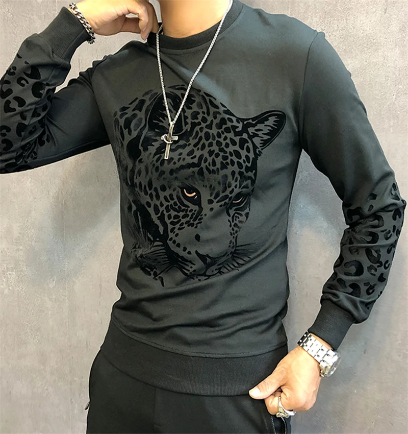 

2021 Winter Brand Thick Sweatshirt Men Fashion Leopard Suits SlimTwo Piece