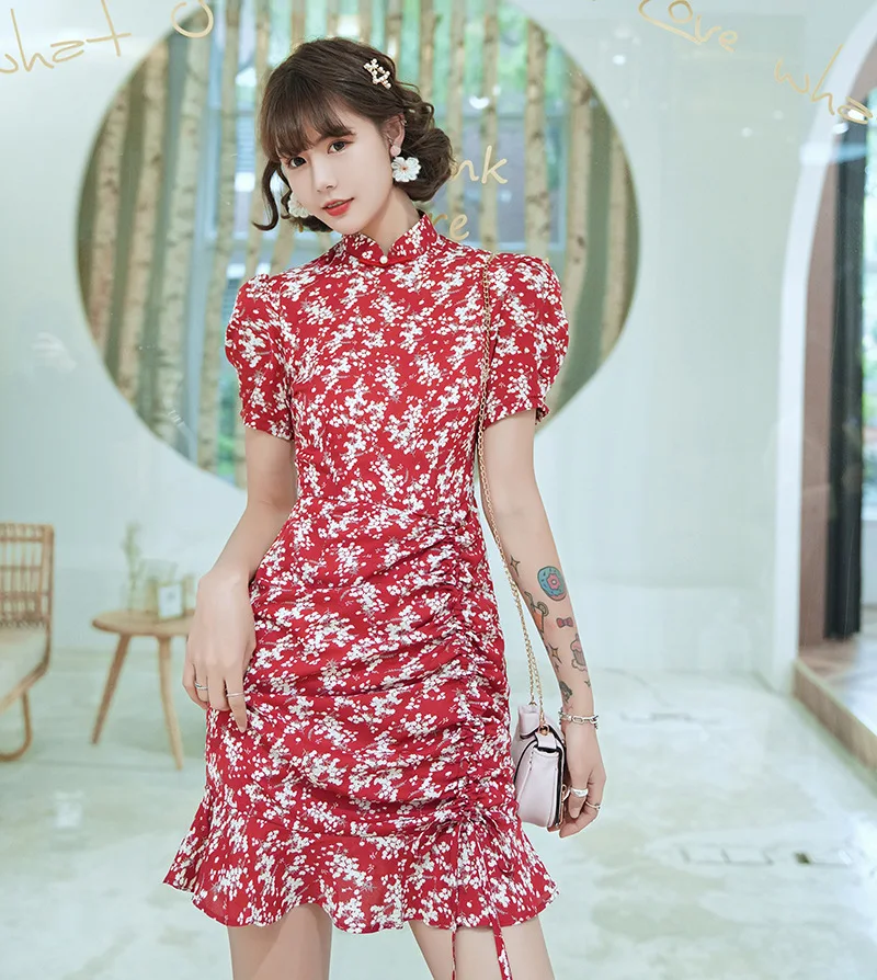 Женское платье Ципао с коротким рукавом и цветочным принтом|gift gifts|gift womengift wedding |