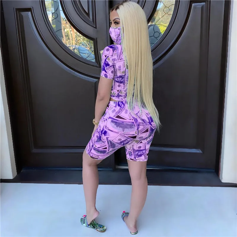 

hirigin New Women Sports Suits Outfits Summer Fashion Print Tracksuits 2Pcs Tie Knot Crop Tops+Shorts Workout Set Plus Size