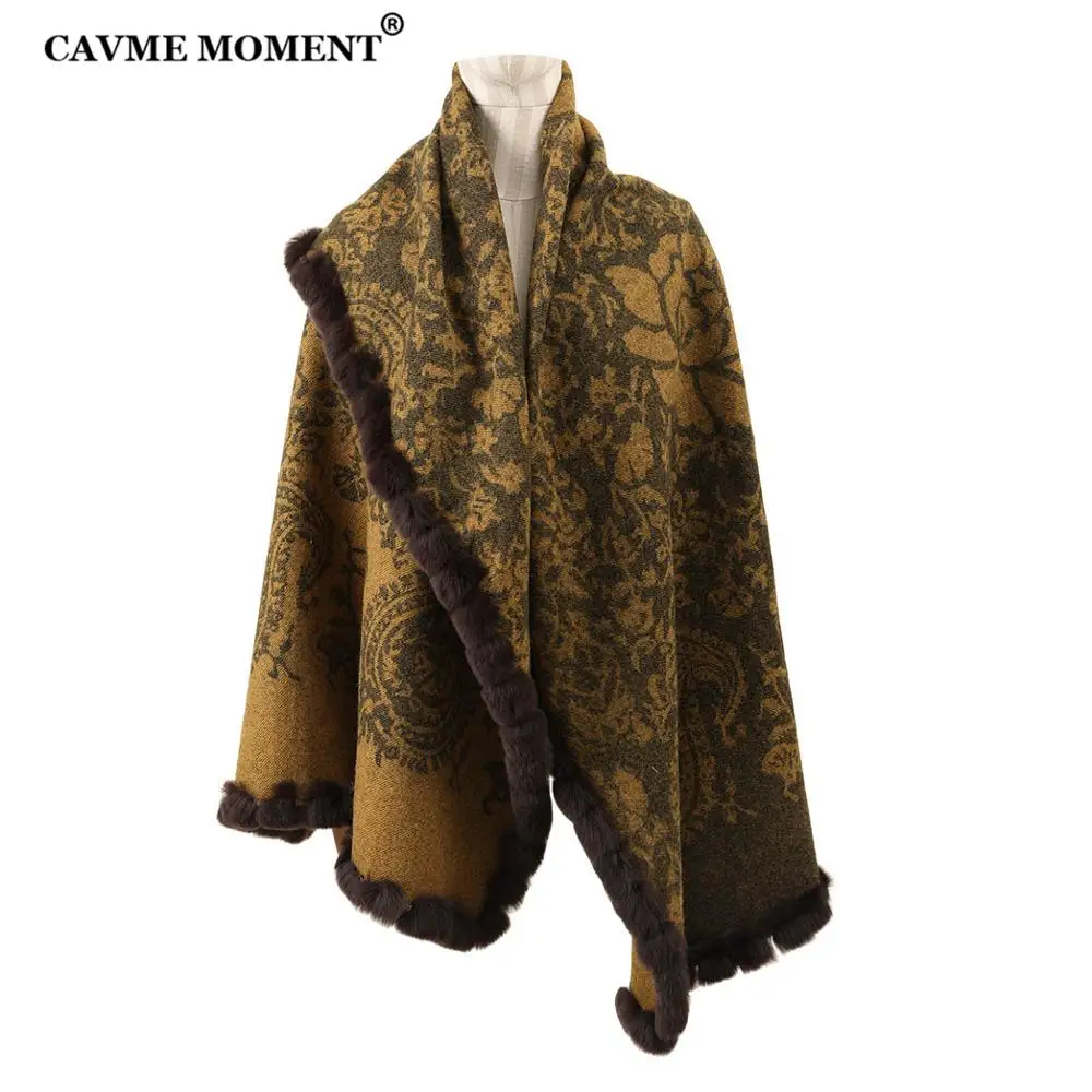 

CAVME Wool Pashmina Poncho for Women Large Size Scarf Elegant Ladies Scarves Rabbit Fur Flower Printing Brown Color Wraps