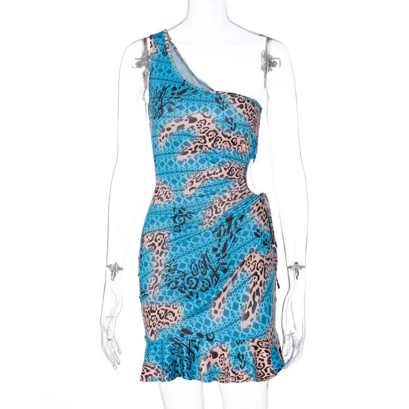 

Sexy Women Summer Pencil Dress Hollow Out Design Ruffles Decor One Shoulder Mid Wasit Sleeveless Print Slim Hips Mini Dress