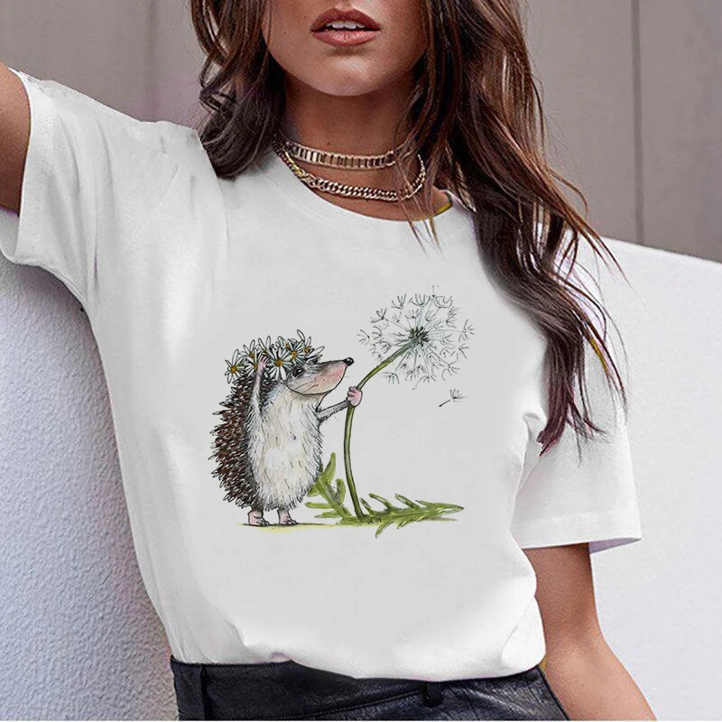 

New T-shirt Female Hedgehog with Dandelion Tshirt Summer Tee Shirt Easy short-sleeved female T-shirtMatching Round Neck T-shir