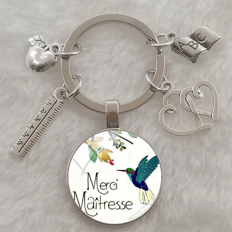 Fashion merci maitresse French word 25 mm glass cabochon dome DIY jewelry making keychain | Key Chains