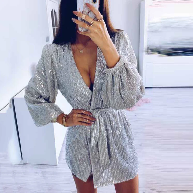 Осеннее блестящее мини-платье с блестками женское сексуальное платье глубоким