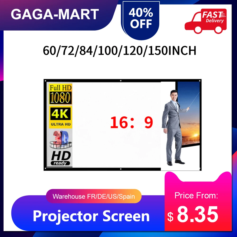 60 '' 150'' портативный проектор экран HD 16:9 белый Дакрон диагональный видео