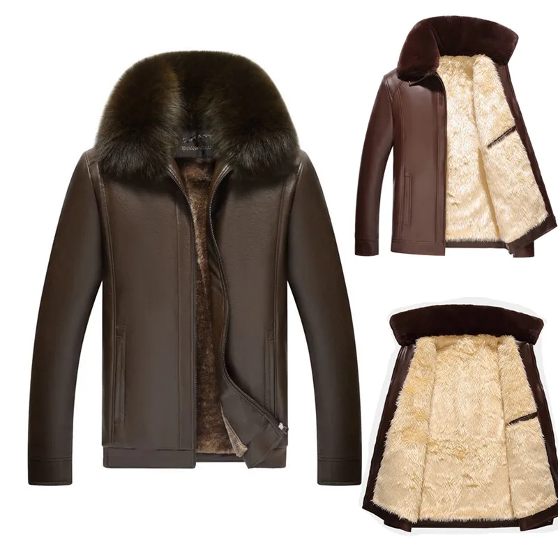 

Кожаная мужская куртка на осень и зиму с бархатным утеплителем модная износостойкая куртка среднего возраста с меховым воротником
