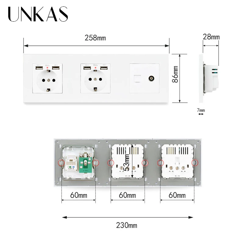 UNKAS Европейская стандартная черная пластиковая двойная розетка с 4 USB портами для