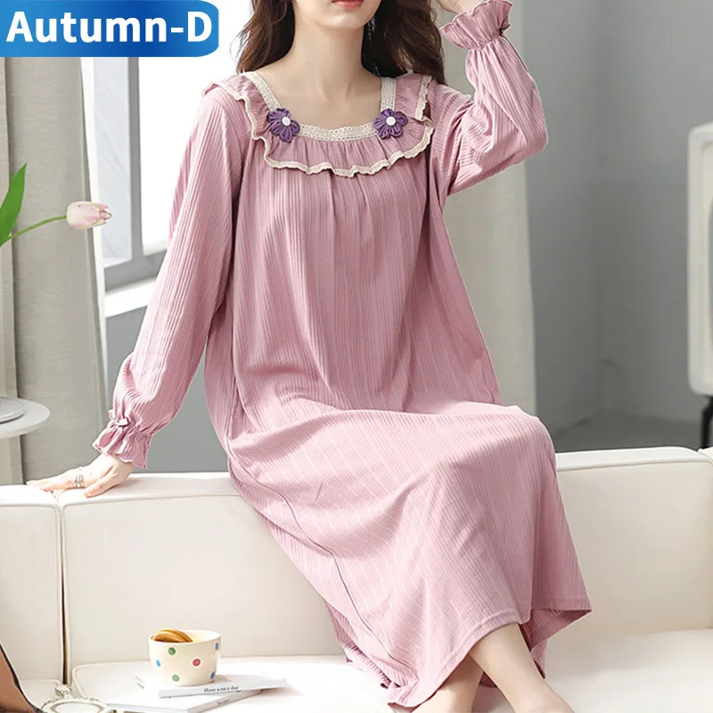 Осенняя Пижама хлопковая ночная рубашка женские ночные рубашки женская одежда