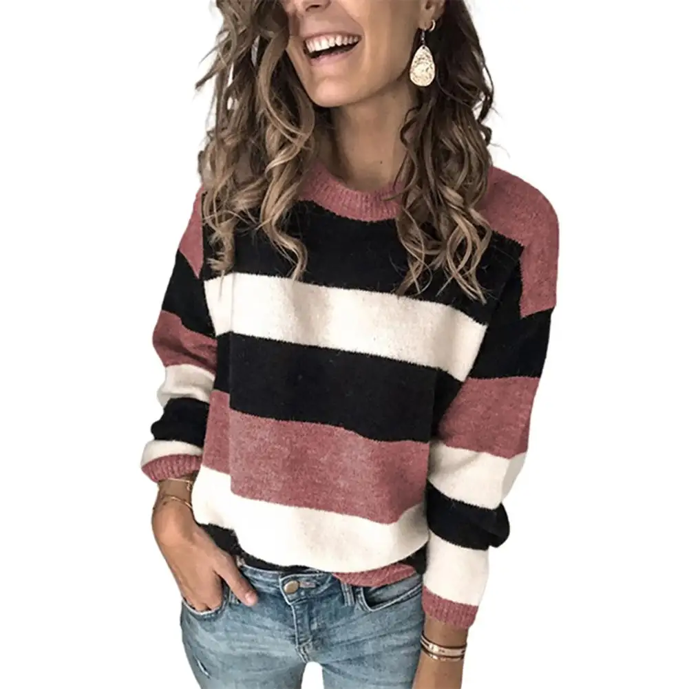 

Women Fall Casual Long Sleeve Pullover O Neck Color Block Loose Knitted Sweater Ladies Winter Sweaters
