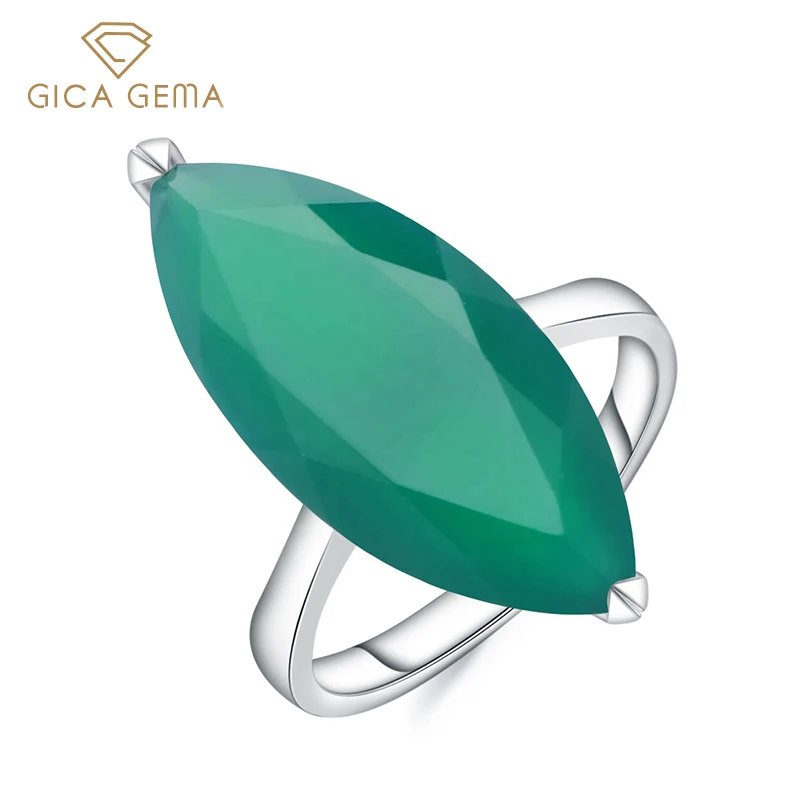 

GICA GEMA 925 стерлингового серебра палец кольцо 11.45ct натуральный зеленый агат, натуральный камень обещание, ювелирные изделия для помолвки, свад...