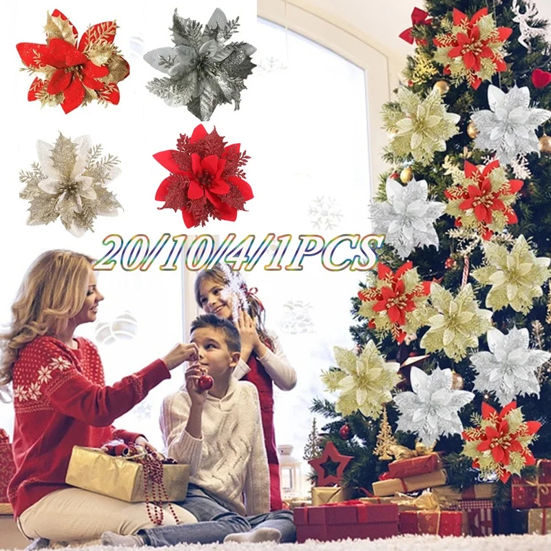 

4/10PCS Christmas Flower Christmas Tree Decoration Artificial Flower Christmas Wreath Accessories Holiday Decoration Fake Flower