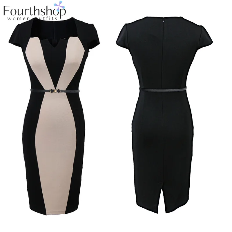 Слитный женский костюм с контрастным платьем в стиле пэчворк для работы деловой