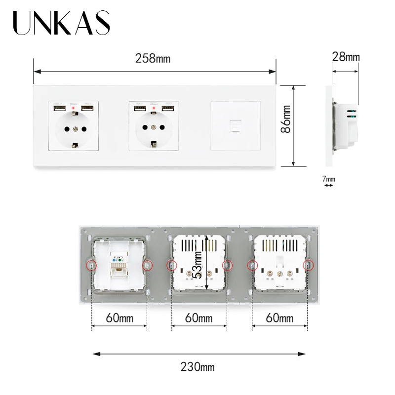 Пластиковая двойная французская стандартная настенная розетка UNKAS из ПК с 4 USB