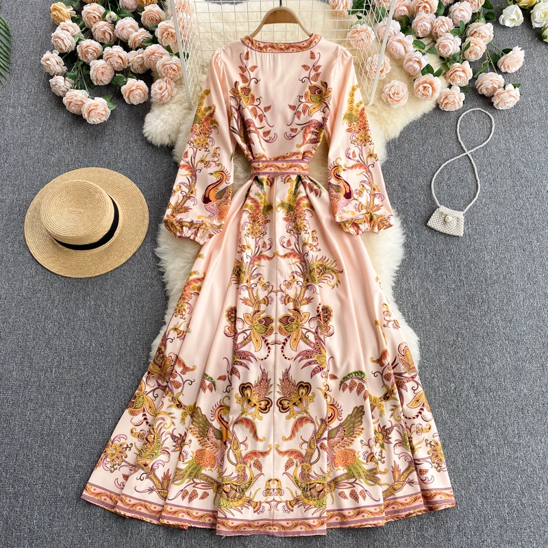 

Women's Spring Autumn Runway Fashion Sashes Full Sleeve Print Vintage Holiday Long Maxi Dress Casual Aline Beach Vestidos Female