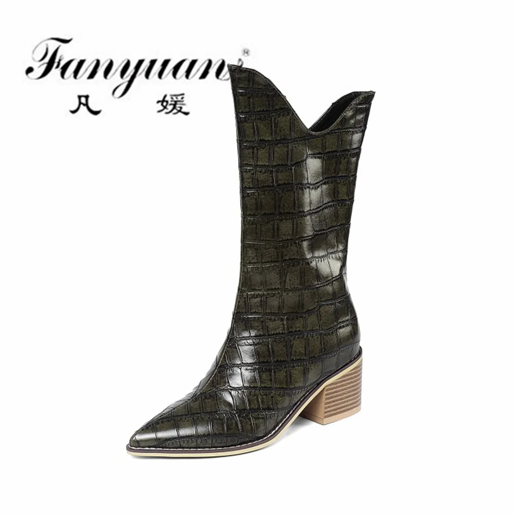 

Fanyuan New Microfiber Leather Quality Women Mid-Calf Boots Animal Prints Female Western Boots Big Size Night Club Shoes Woman