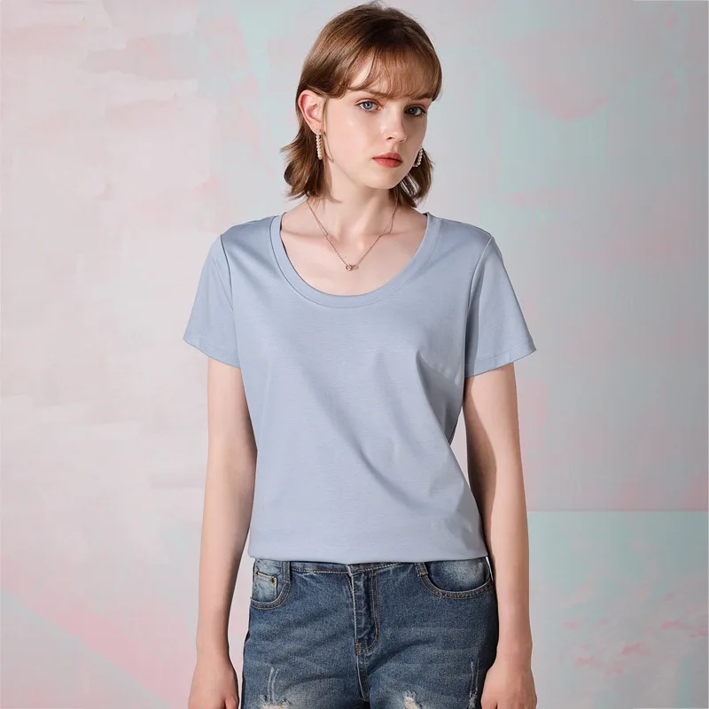 

Round neck short sleeve T-shirt women's loose mercerized cotton backing shirt mulberry silk top