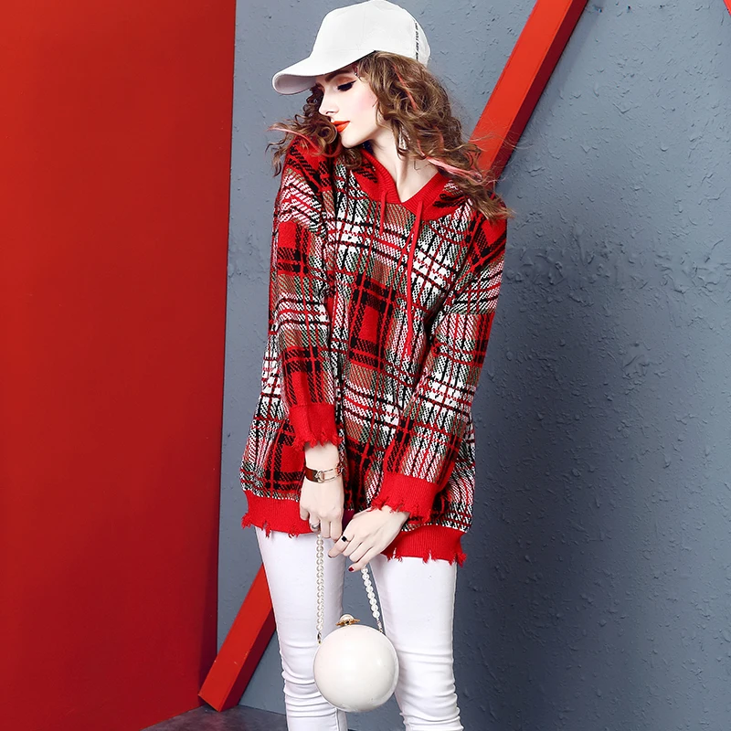 LORDLDS Fashion Womens Hooded Hoodies Plaid Women Clothes 2019 New Girl Light Red Pullovers Tops for woman | Женская одежда