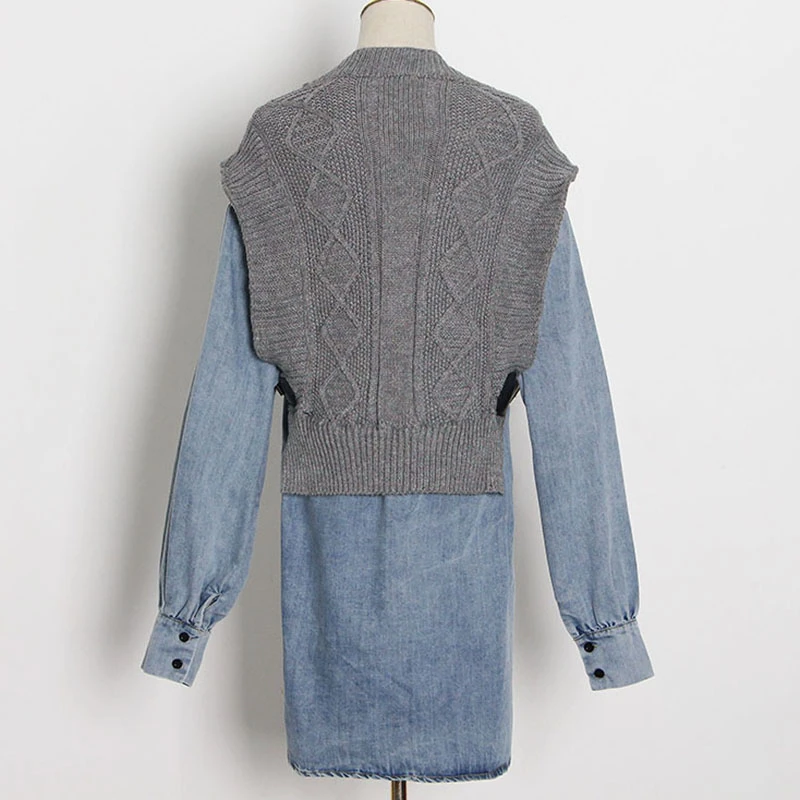 

SeeBeautiful Knitted Stitching Denim Loose Shirt Blouse O Neck Long Sleeve Irregular New Fashion Spring 2021 Women M303