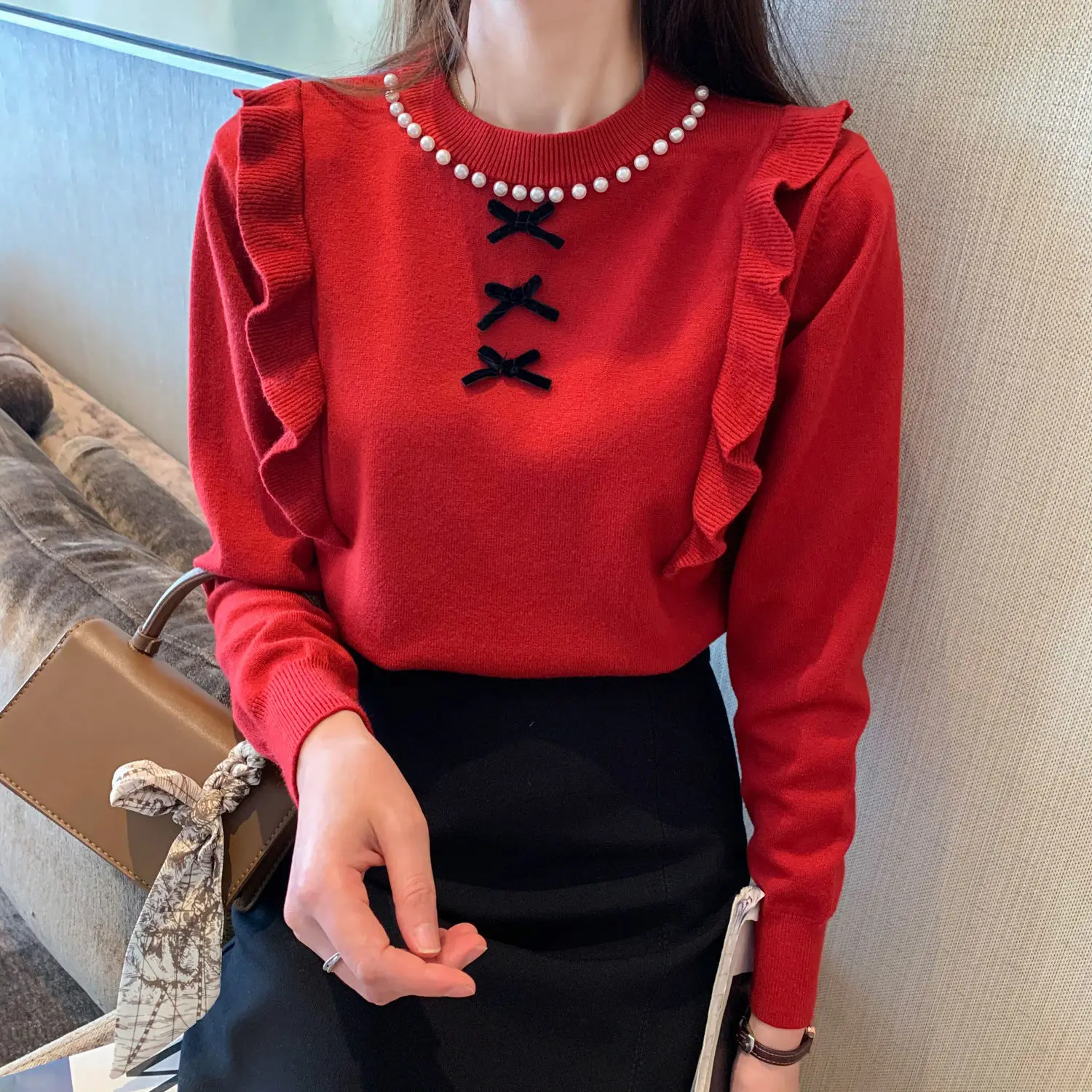 

2022 Autumn Winter Women's New O-neck Sweater Tops Female Long Sleeve Bottoming Jumpers Ladies Bow Knitted Pullover Tops H05