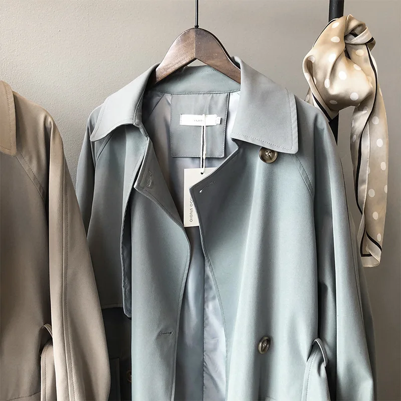 

2020 Women Trench Coat Long Sleeve Turn Down Collar Double Breasted Women Long Trench Coat Streetwear