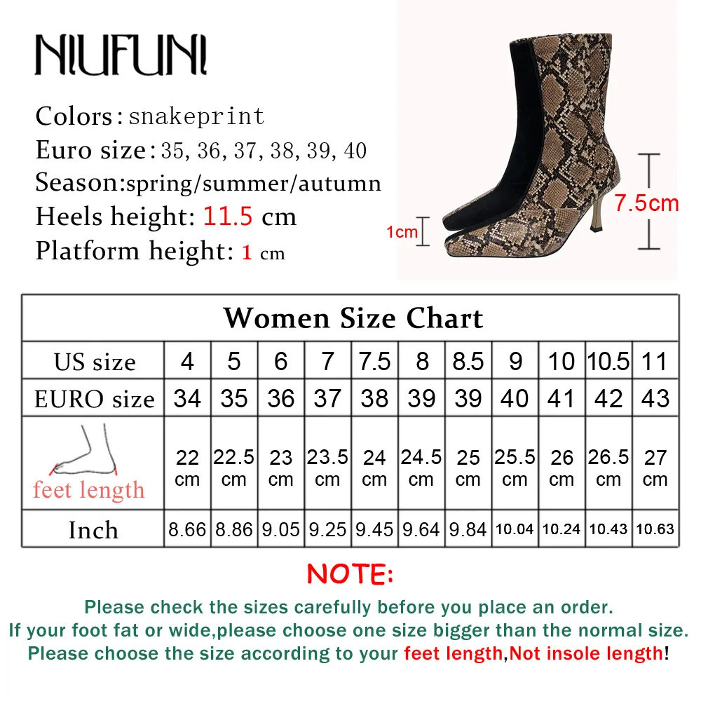 

NIUFUNI Fashion Snakeskin Ankle Boots For Women Pointed Toe Patchwork Zipper Elastic Botas Lady High Heeled Boots Female Shoes