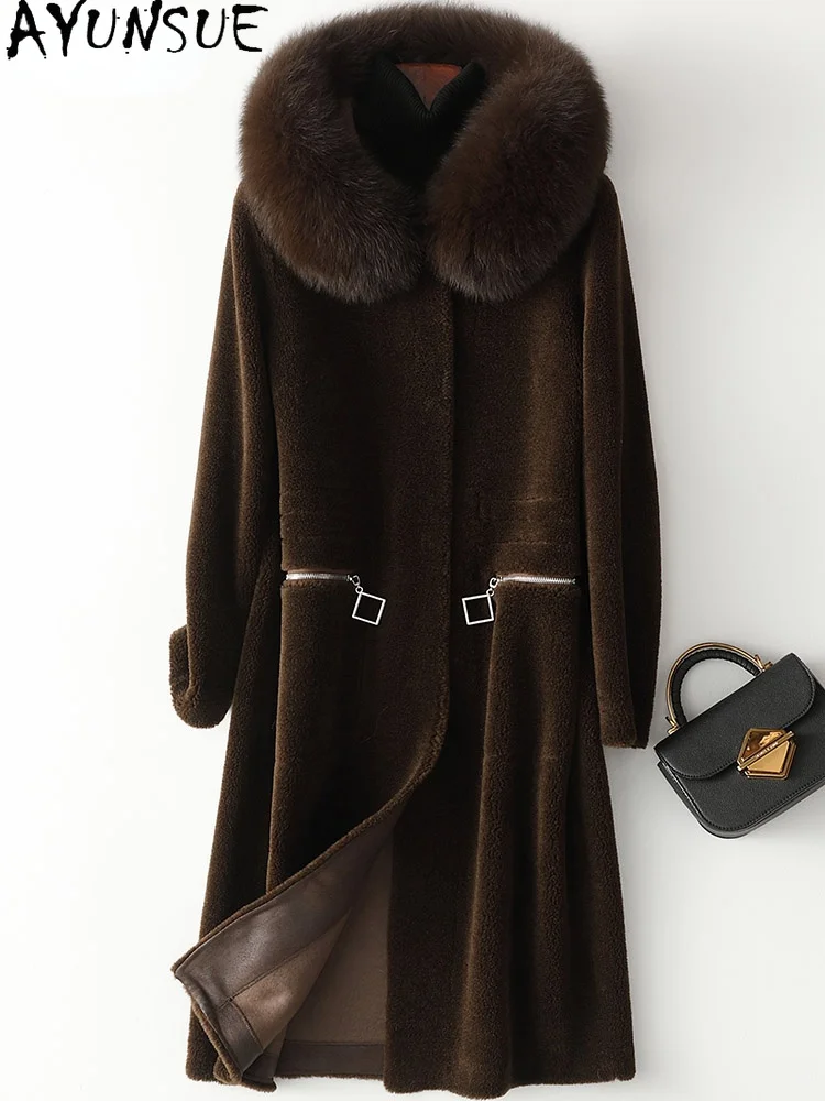 

Женское шерстяное пальто из овчины, зимнее пальто с воротником из натурального Лисьего меха, модель Gxy208, 100%