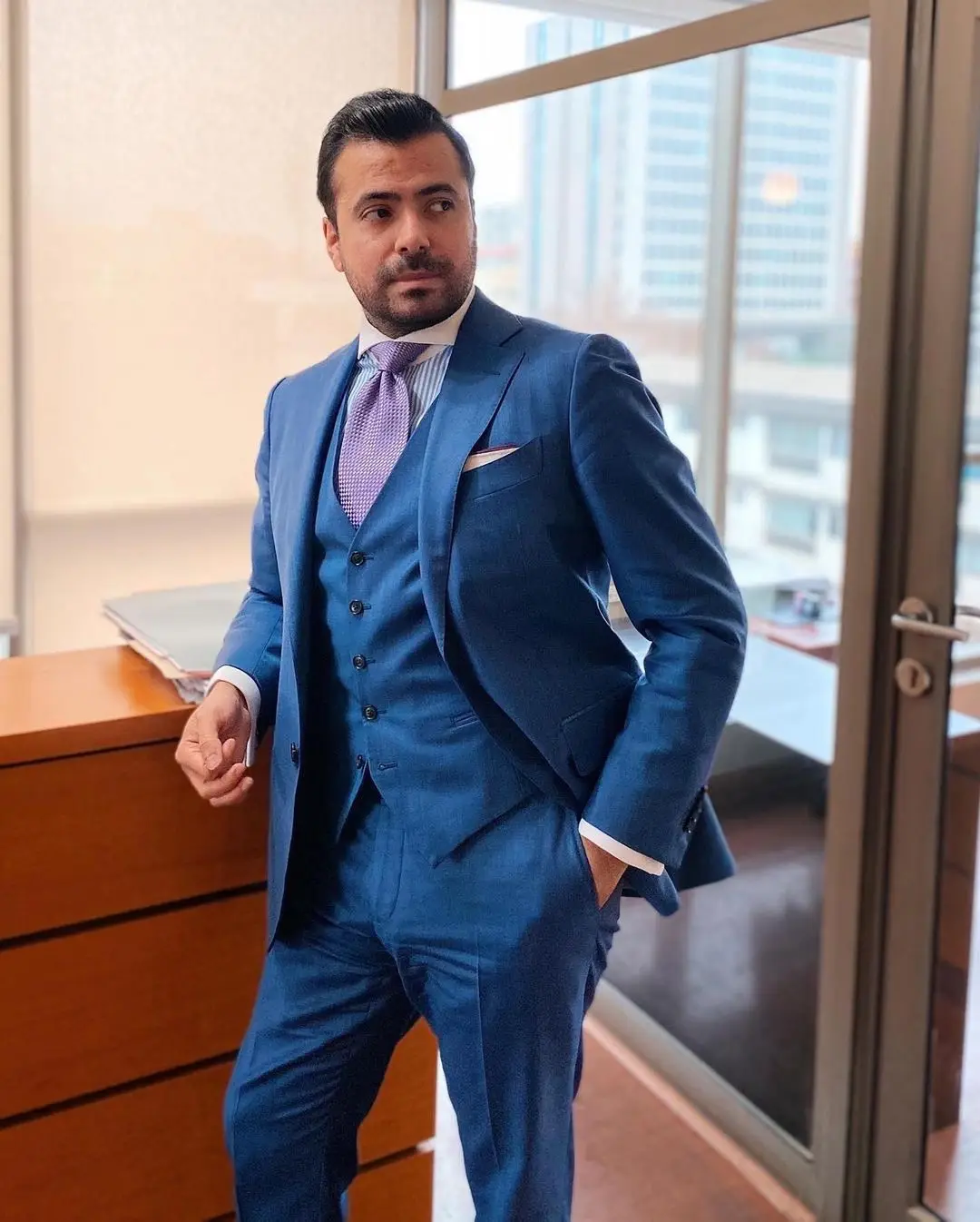 

(Jacket+Pants+Vest) Summer Design Slim Fit Blue Party Men's Dress Notch Lapel Groomsman Suit 3 Piece Man Blazer Custom Made