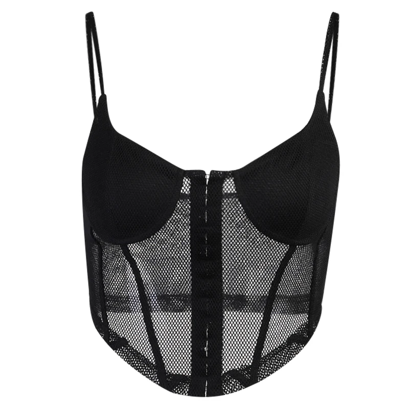 

InstaHot Mesh Sexy Camis Summer 2021 Spaghetti Strap Slim Crop Top Elegant Transparent Bustier Asymmetric Top Female Black White