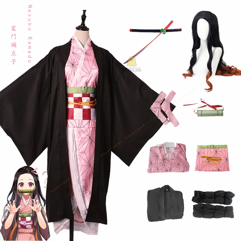 

Nezuko Kamado Cosplay Costume Demon Slayer Katana Kimetsu no Yaiba Japan Anime Kimono Pink Dress Comic Con Girls Long Wig Props