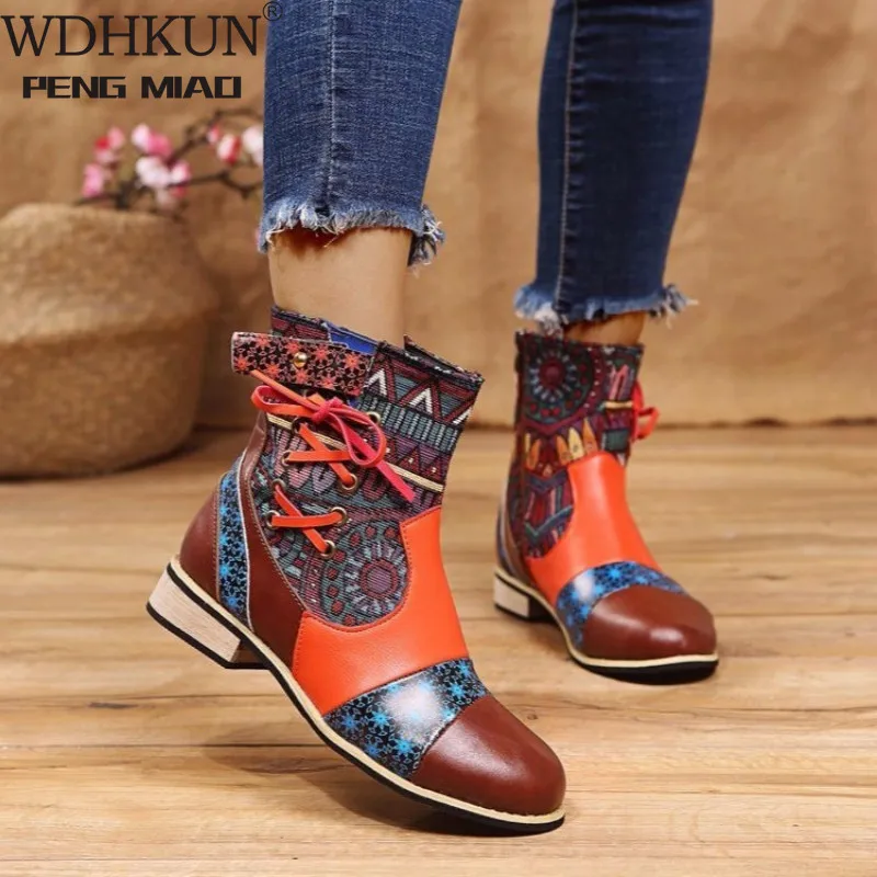 

Women Boots Retro Printed Metal Buckle Genuine Leather Zipper Ankle Boots Fashion Ladies Shoes Botines Mujer