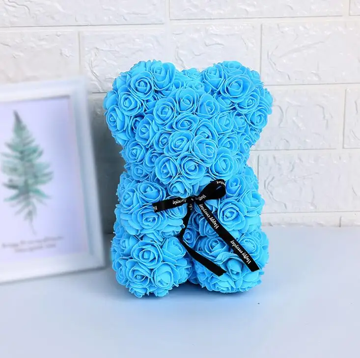 25cm Blue Искусственные цветы Роза медведь многоцветный пластик пена роза цветок плюшевый медведь День Святого Валентина подарок День Рождения Вечеринка весеннее украшение - Цвет: 25cm Blue