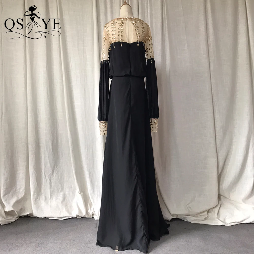 Дешевое элегантное черное платье для выпускного вечера с длинными рукавами и