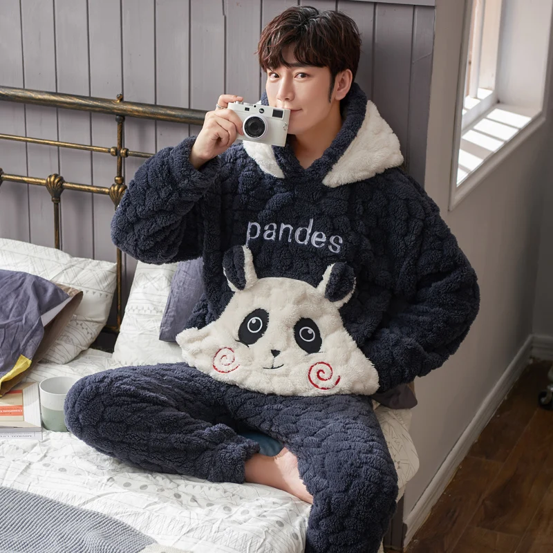 Симпатичная флисовая Пижама для мужчин плотная плюшевая зимняя мужская одежда