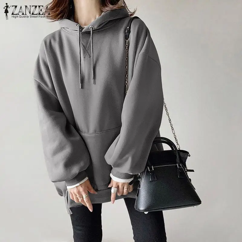 

2021 ZANZEA Autumn Sweatshirt Women Hoodies Long Sleeve Casual Pullover Fashion Solid Hooded Outerwear Loose Sweatshirts