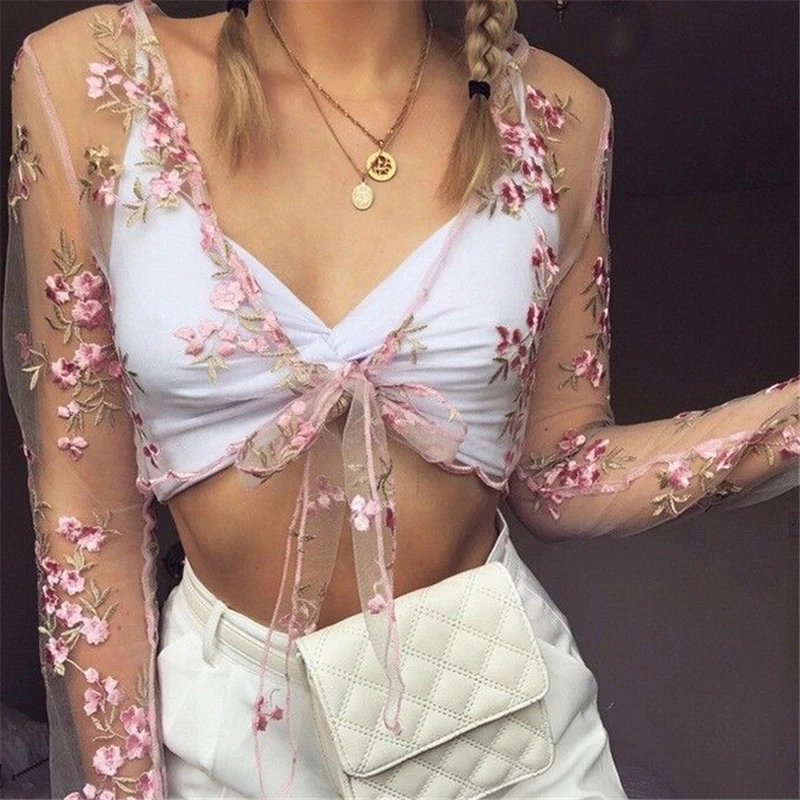 

Ladies Summer New Style Women's Sexy Mesh See-through Floral Embroidery Crop Top Ladies Casual Long-sleeved Front Tie Top 2021