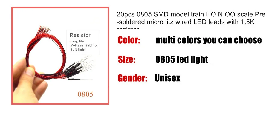 20 шт. 0805 SMD модель поезда HO N OO шкала предварительно припаянный micro litz проводной светодиодный провод с резистором 1,5 K