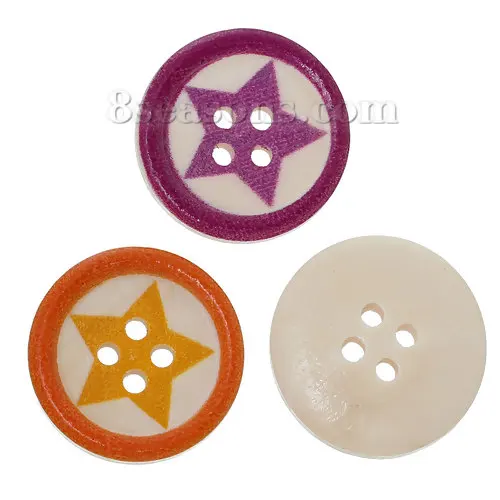 

New 100 PCs Wood Sewing Buttons Scrapbooking 4 Holes Round Natural Color Base Printed Five-pointed Star Pattern 20mm Accessories